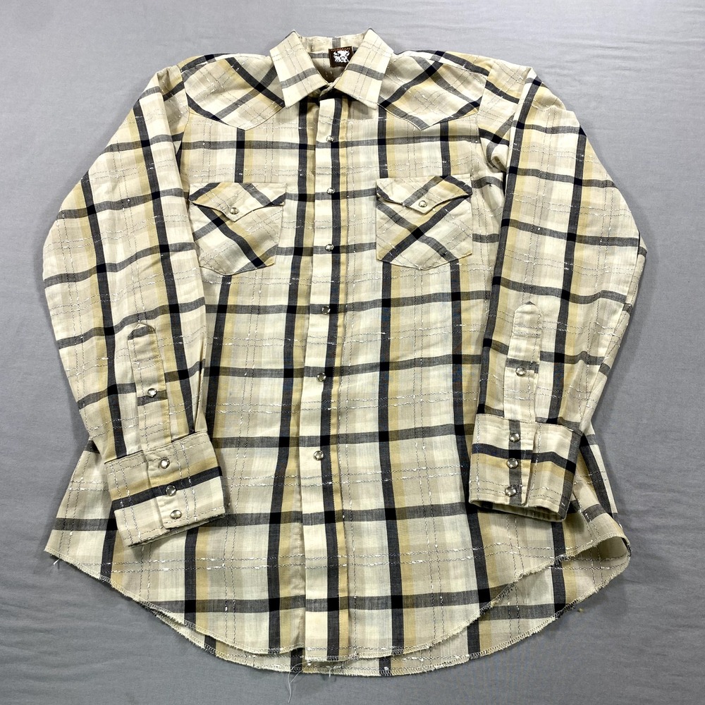 VINTAGE Karman Shirt Mens Small Beige Plaid Pearl Snap Western Cowboy USA Adult